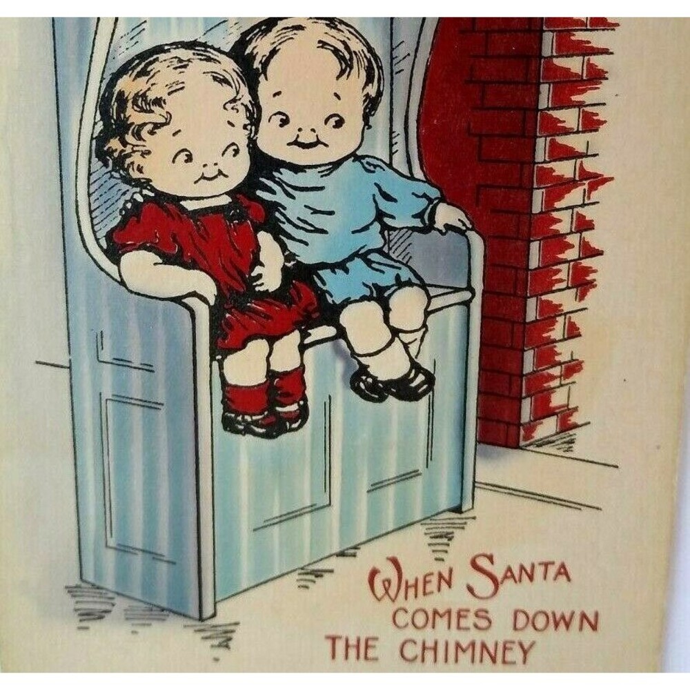 Christmas Postcard Children Seated When Santa Comes Down The Chimney Whitney